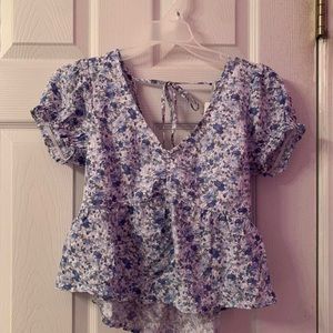 Blue Floral V Neck Hollister Top